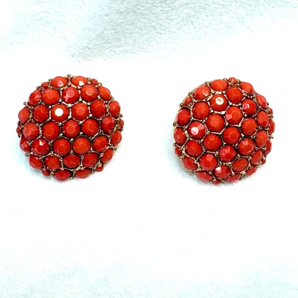 Orange Pavé -Style Dome Earrings in Gold‑Tone Cast Metal and Acrylic Stones